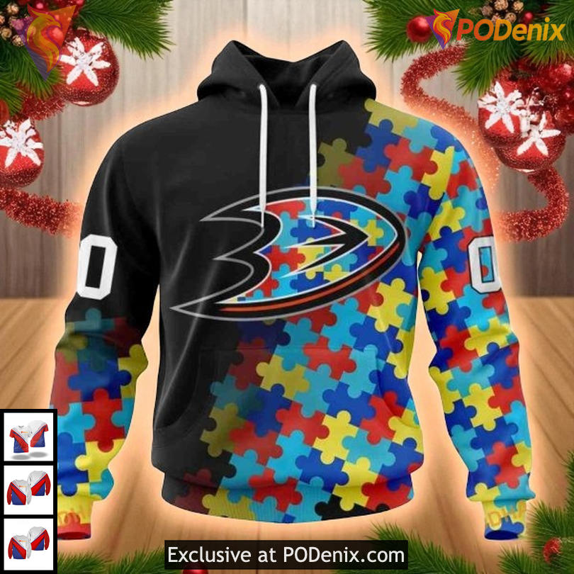 Anaheim Ducks Custom Name 3D Hoodie NHL Autism Awareness Puzzle Design