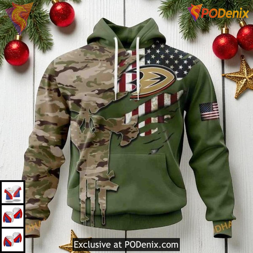 Anaheim Ducks Custom Name 3D Hoodie, Patriotic Camo Skull Design Tribute