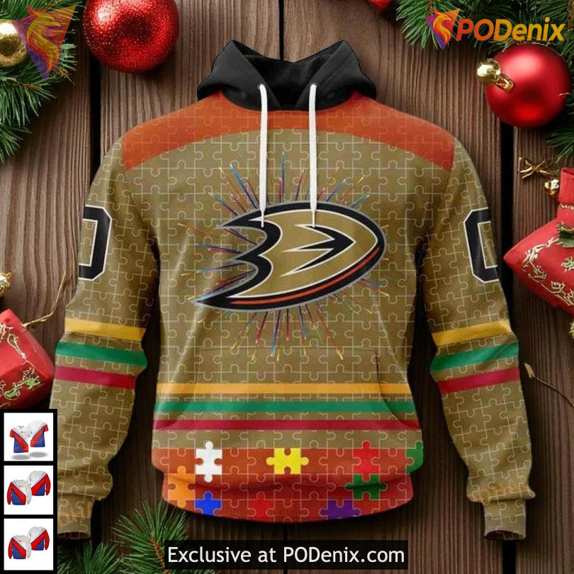 Anaheim Ducks Custom Name 3D Hoodie Puzzle Piece Design For Autism Awareness