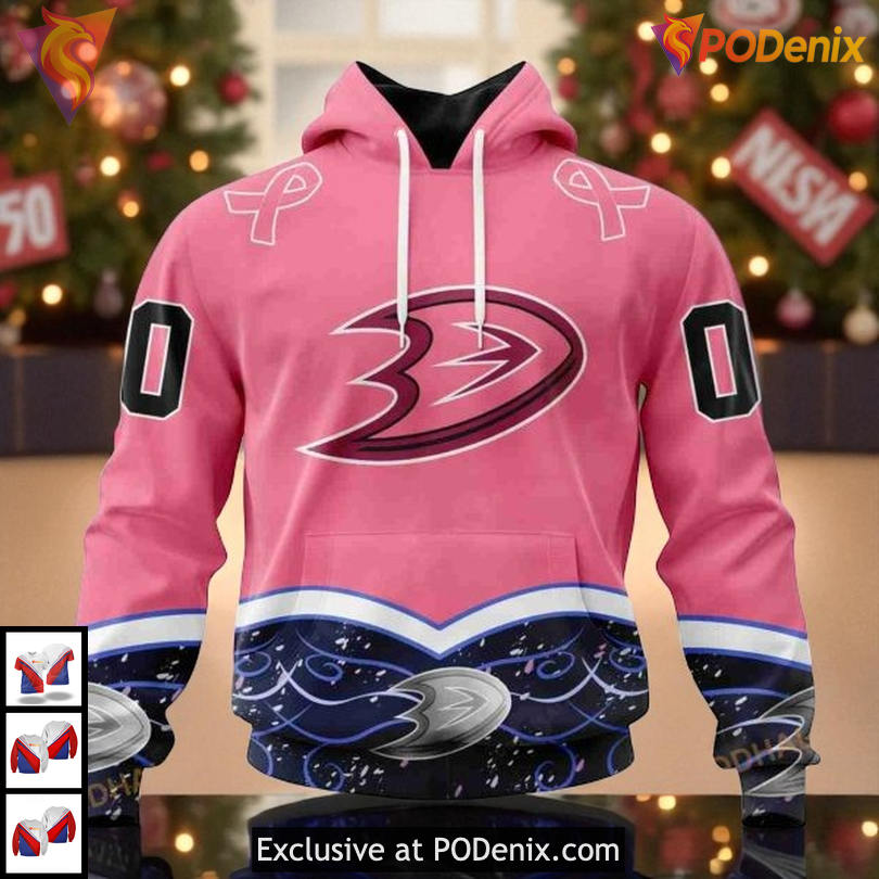 Anaheim Ducks Pullover Hoodie Custom Name NHL Pink Ribbon Awareness 3D