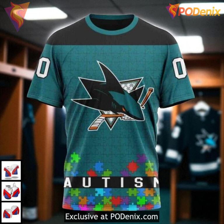 Autism Awareness Hockey Tribute Custom San Jose Sharks Youth Hoodie 3D - 2
