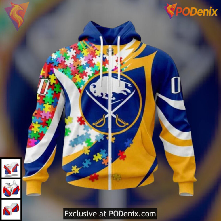 Autism Awareness Puzzle Artwork Custom Name NHL Buffalo Sabres Sweatshirt Hoodie 3D - 1