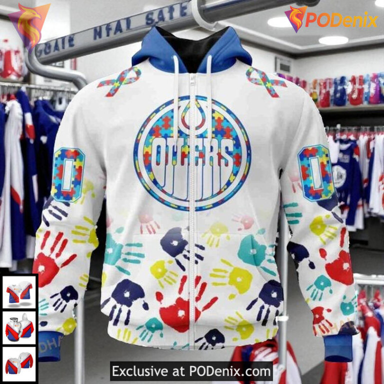 Autism Awareness Puzzle Piece Design NHL Edmonton Oilers Zip Up Hoodie 3D - 1