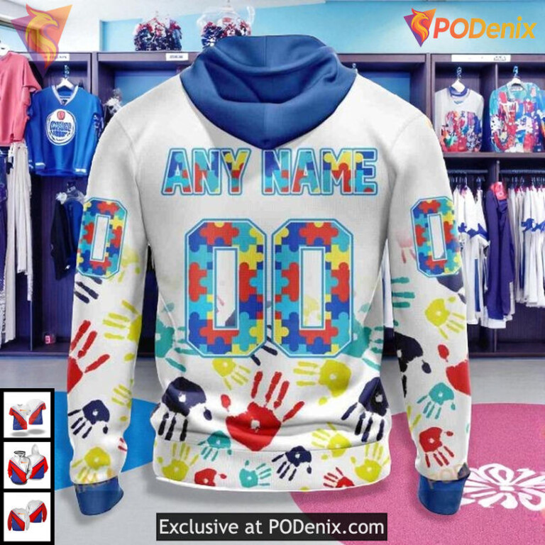 Autism Awareness Puzzle Piece Design NHL Edmonton Oilers Zip Up Hoodie 3D - 2
