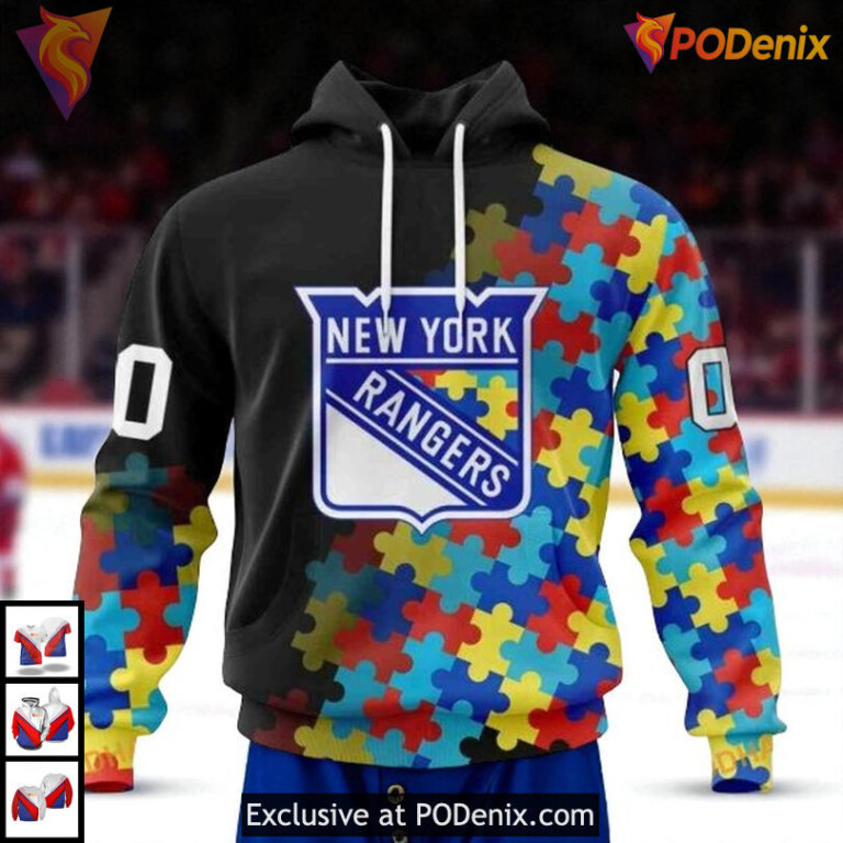 Black Autism Awareness Custom NHL New York Rangers Youth Hoodie 3D Style