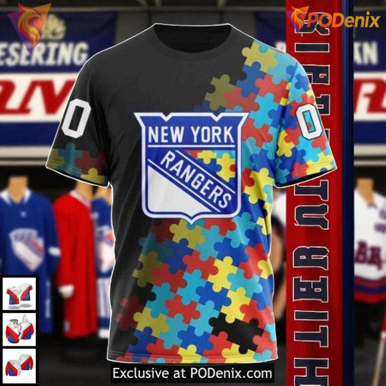 Black Autism Awareness Custom NHL New York Rangers Youth Hoodie 3D Style - 2
