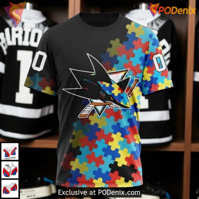 Black Autism Awareness Edition Custom NHL San Jose Sharks Pullover Hoodie 3D - 2