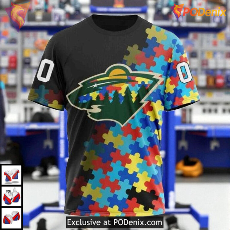 Black Autism Awareness Tribute NHL Minnesota Wild Womens Hoodie 3D - 2