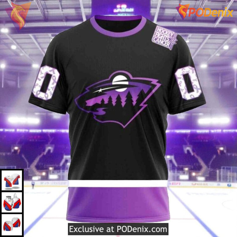 Black Cancer Awareness Jersey NHL Minnesota Wild Kids Hoodie 3D - 2