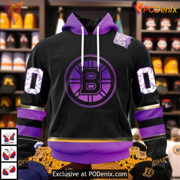 Black Hockey Fights Cancer Boston Bruins Womens Hoodie 3D Personalized