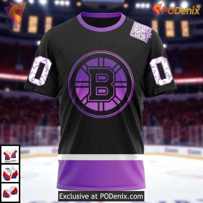 Black Hockey Fights Cancer Boston Bruins Womens Hoodie 3D Personalized - 2