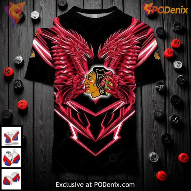 Blackhawks Full Print Hoodie 3D, Custom Dragon Wings NHL Chicago Blackhawks - 1