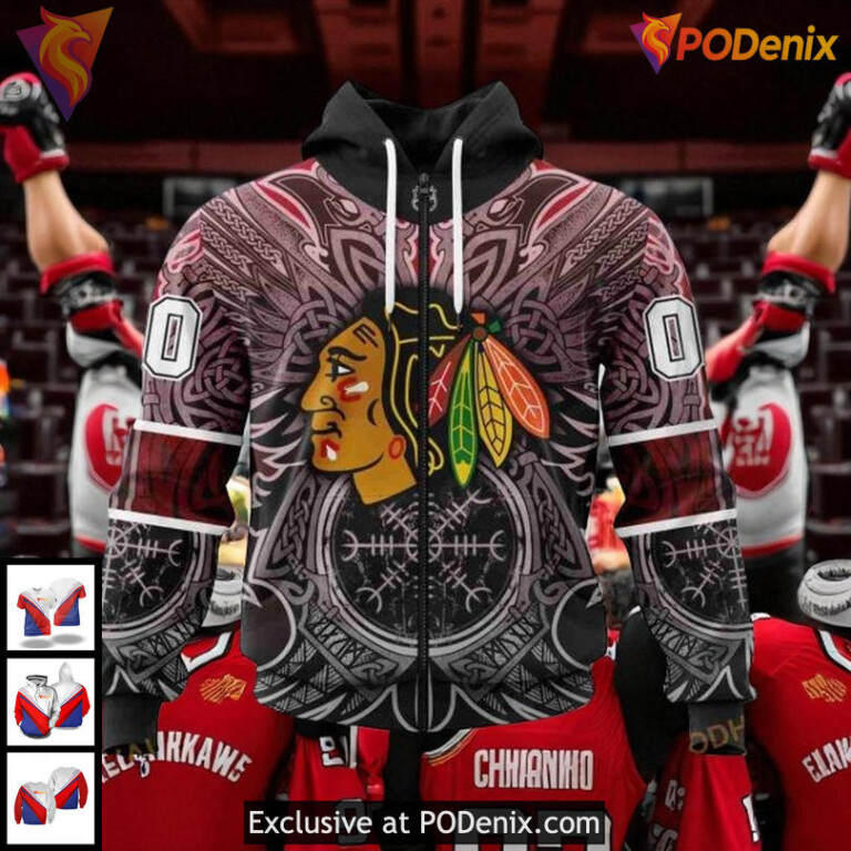 Blackhawks Full Print Hoodie 3D, Custom Norse Viking Symbols NHL Chicago