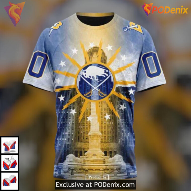 Buffalo City Hall Landmark Artwork NHL Custom Name Buffalo Sabres Hoodie 3D - 2