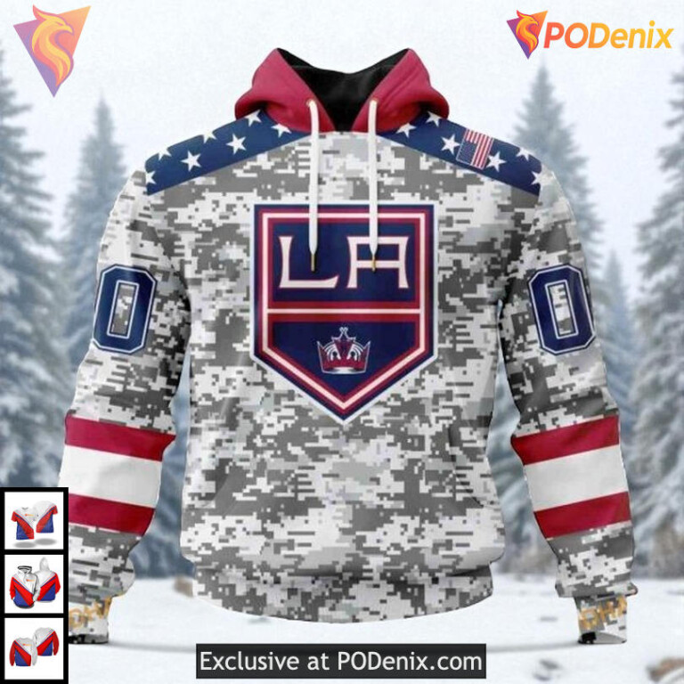 Camo Design Veterans Day Tribute Custom Los Angeles Kings Youth Hoodie NHL 3D