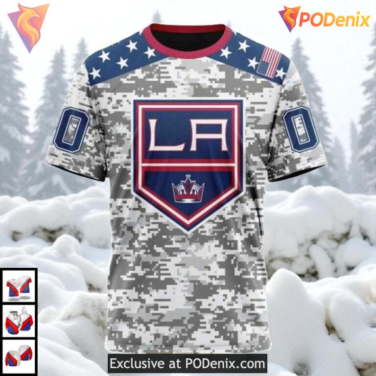 Camo Design Veterans Day Tribute Custom Los Angeles Kings Youth Hoodie NHL 3D - 2