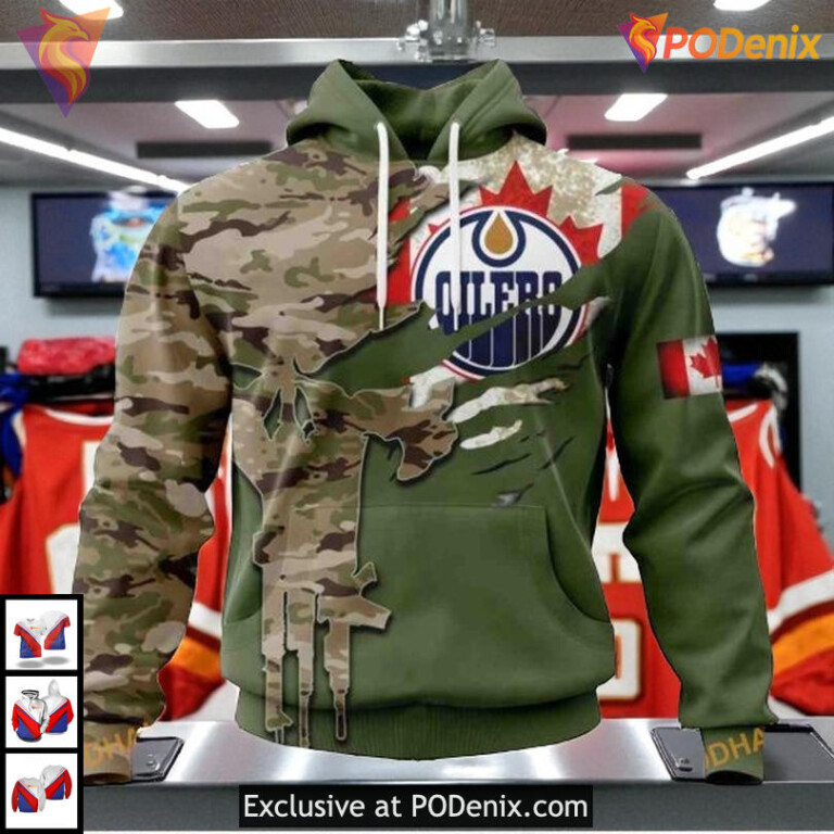 Camo Skull Artwork Custom Name Number NHL Edmonton Oilers Winter Hoodie 3D