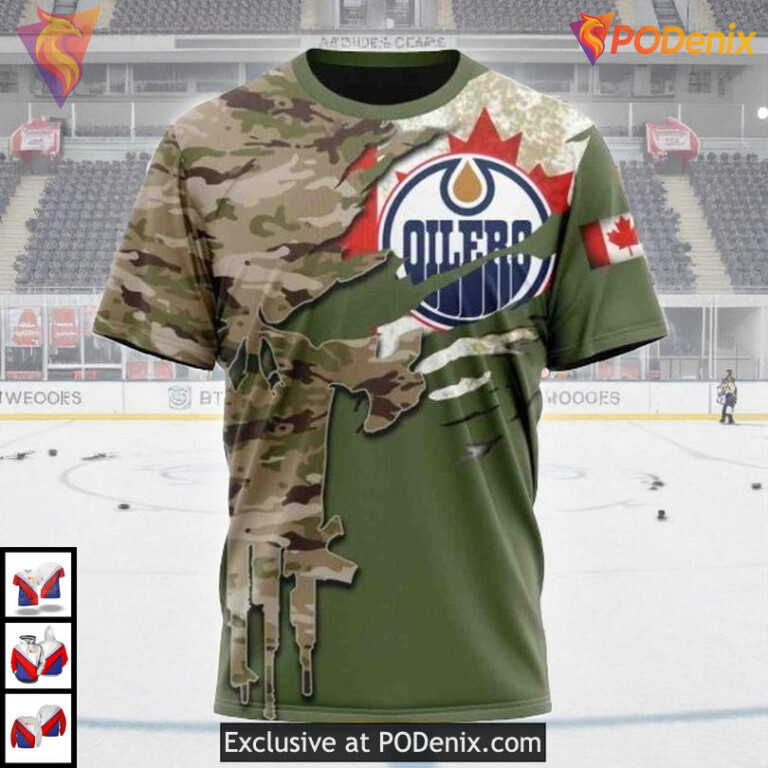 Camo Skull Artwork Custom Name Number NHL Edmonton Oilers Winter Hoodie 3D - 2