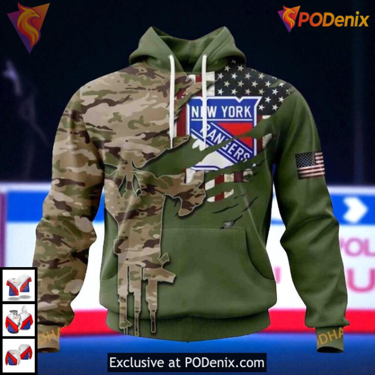 Camo Skull Design Custom Name NHL New York Rangers Youth Hoodie, 3D Gear