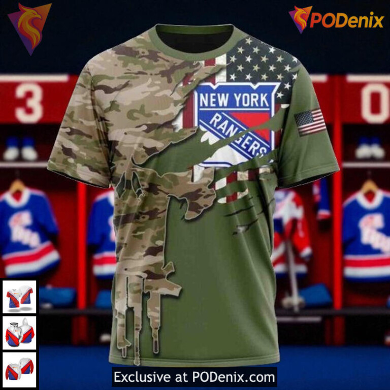 Camo Skull Design Custom Name NHL New York Rangers Youth Hoodie, 3D Gear - 2