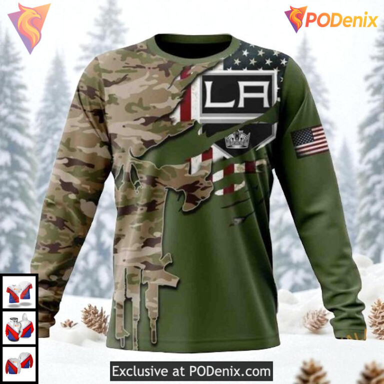 Camo Skull Design Custom Name Number Los Angeles Kings Mens Hoodie NHL 3D - 2