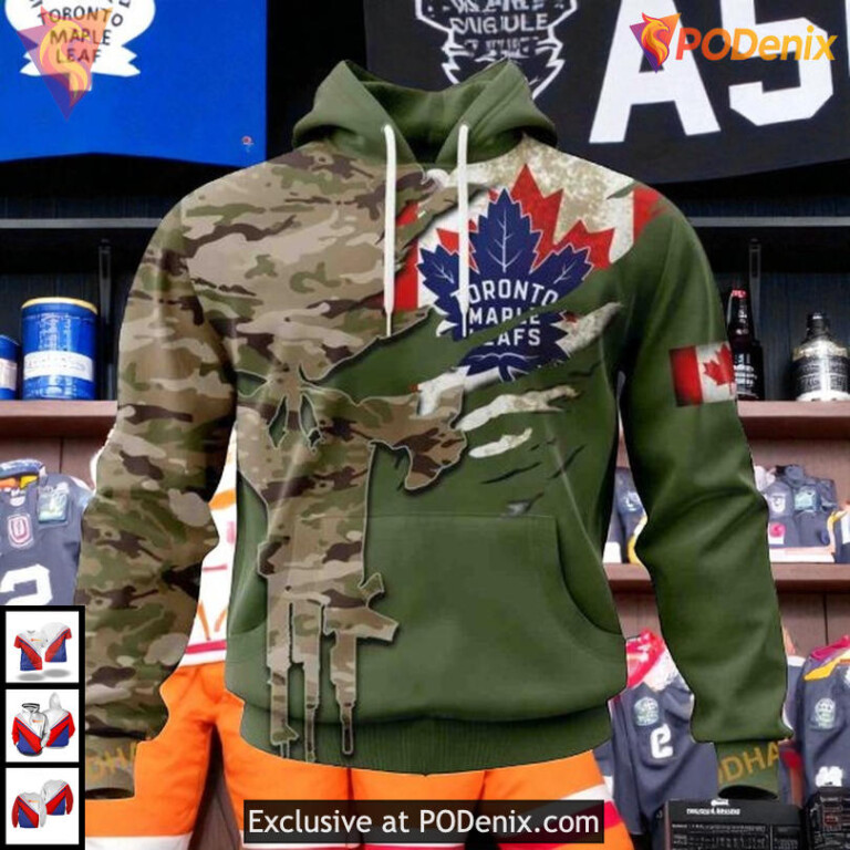 Camo Skull Design Toronto Maple Leafs Winter Hoodie, Custom Name And Number 3D