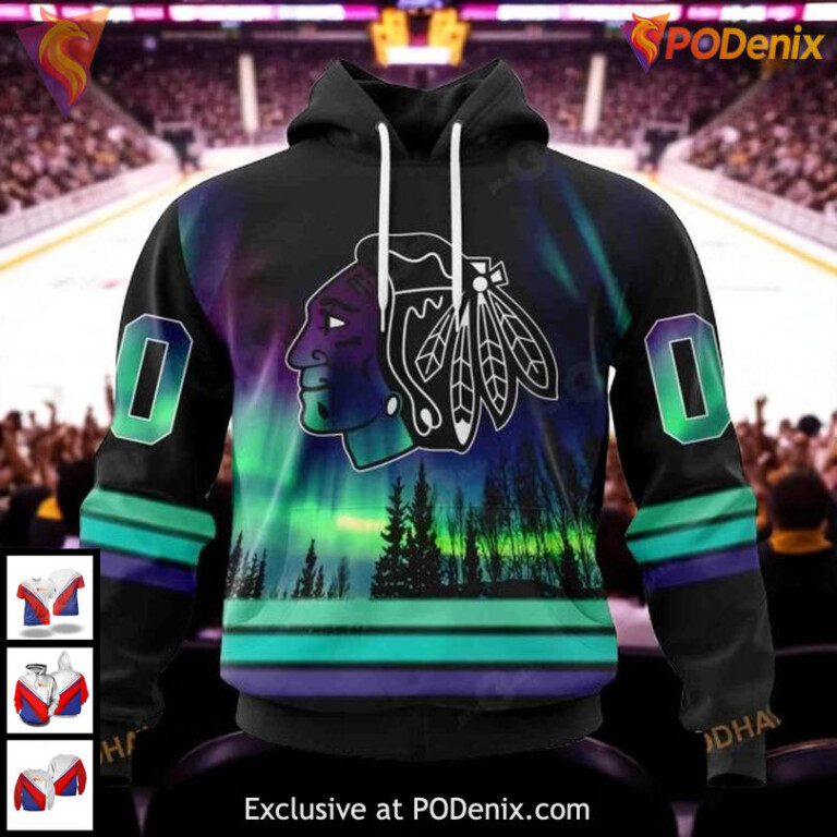 Chicago Blackhawks 3D Hoodie, Custom Northern Lights Design NHL Apparel