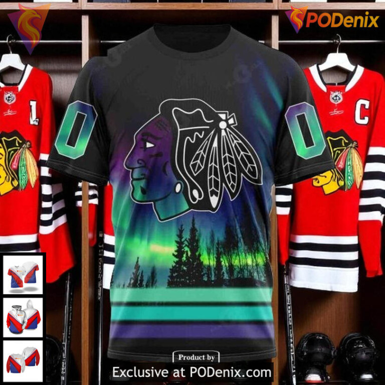 Chicago Blackhawks 3D Hoodie, Custom Northern Lights Design NHL Apparel - 2