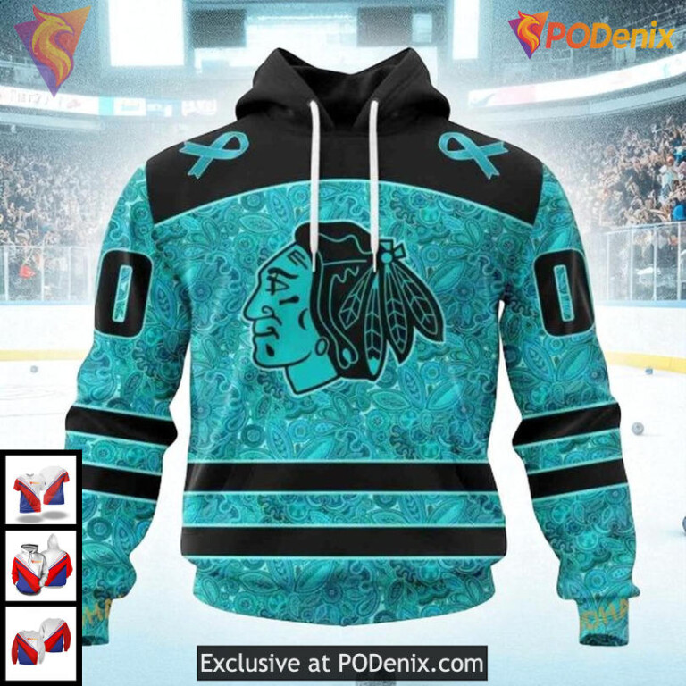 Chicago Blackhawks 3D Hoodie Custom Teal Ribbon NHL Awareness All Over Print