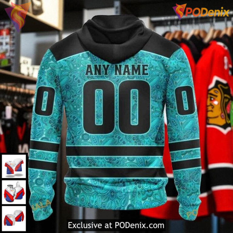 Chicago Blackhawks 3D Hoodie Custom Teal Ribbon NHL Awareness All Over Print - 1