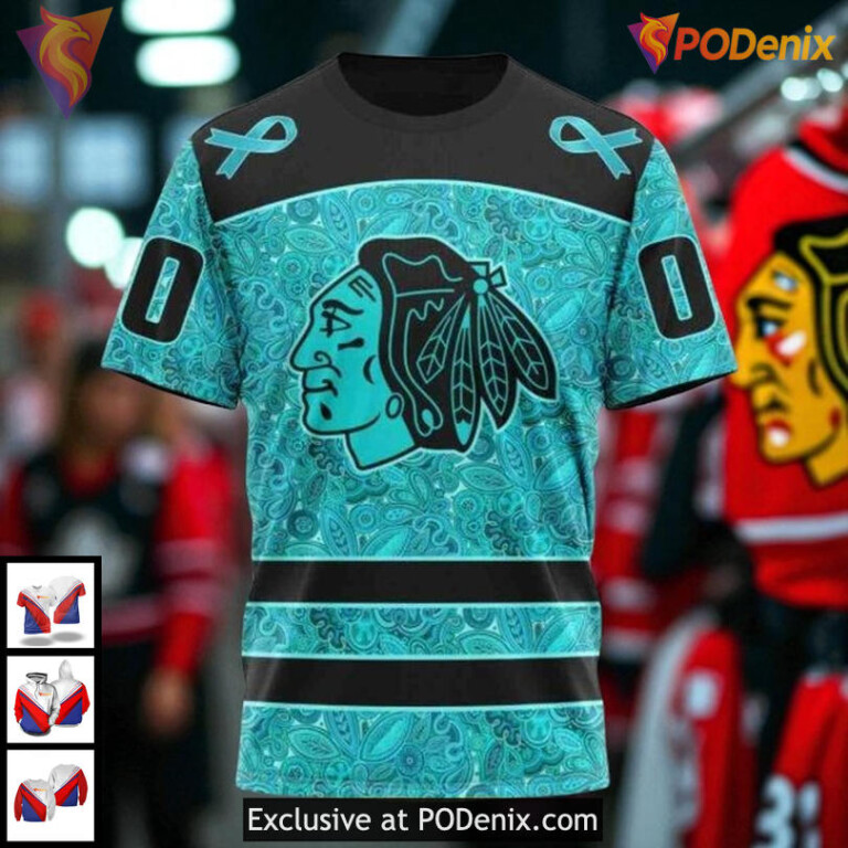 Chicago Blackhawks 3D Hoodie Custom Teal Ribbon NHL Awareness All Over Print - 2