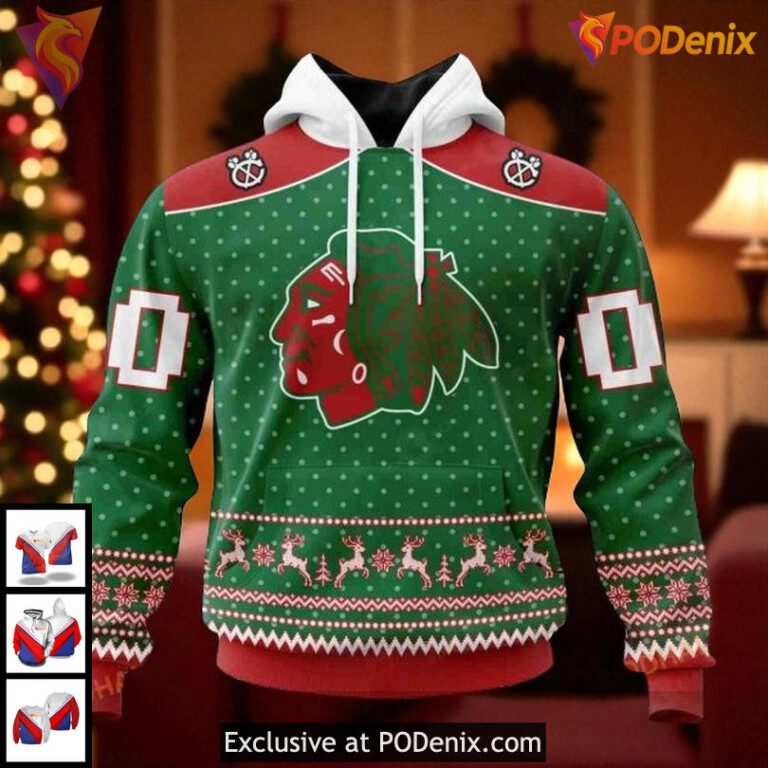 Chicago Blackhawks 3D Hoodie Personalized Holiday Reindeer Festive NHL Style