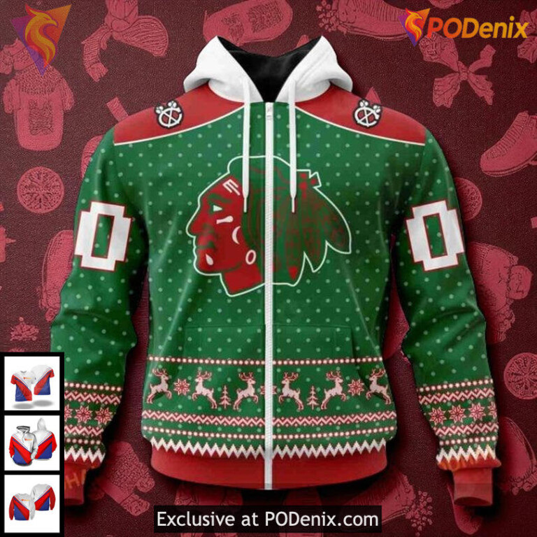 Chicago Blackhawks 3D Hoodie Personalized Holiday Reindeer Festive NHL Style - 1