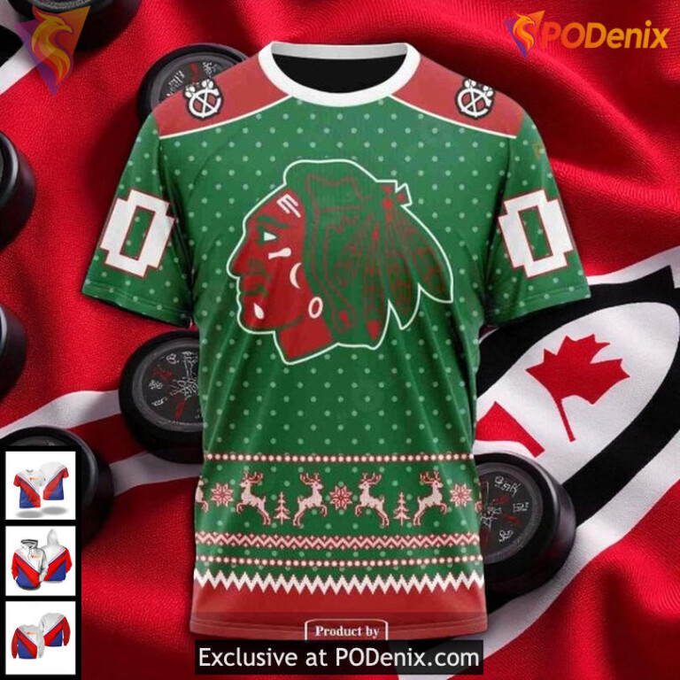 Chicago Blackhawks 3D Hoodie Personalized Holiday Reindeer Festive NHL Style - 3