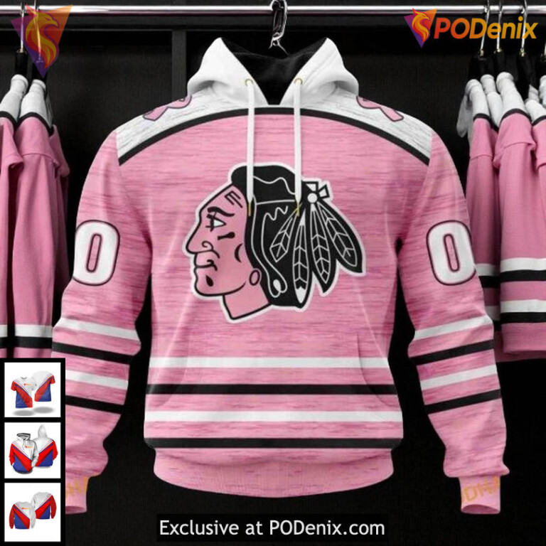 Chicago Blackhawks All Over Print Hoodie Breast Cancer Tribute Design NHL