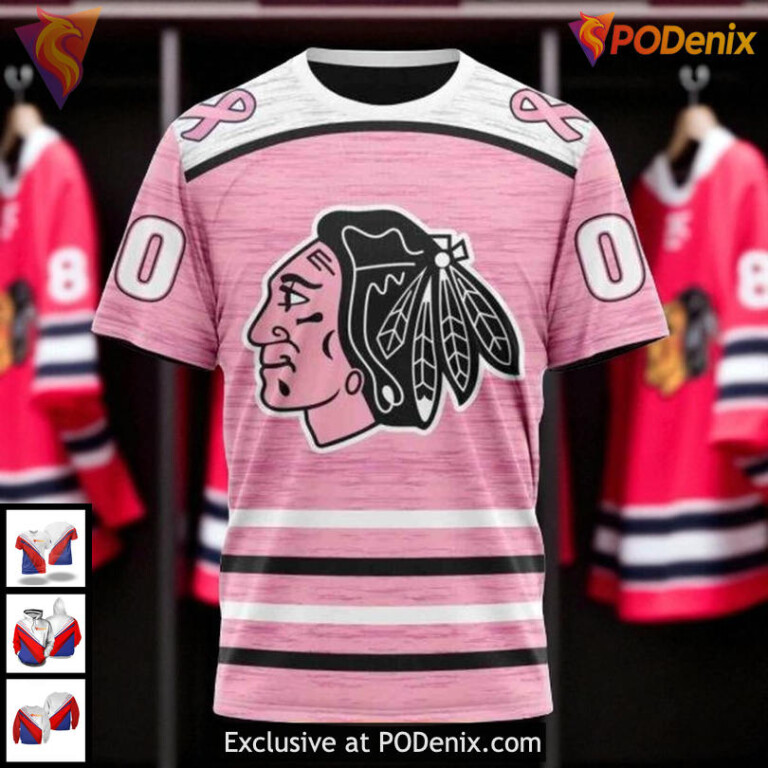 Chicago Blackhawks All Over Print Hoodie Breast Cancer Tribute Design NHL - 2
