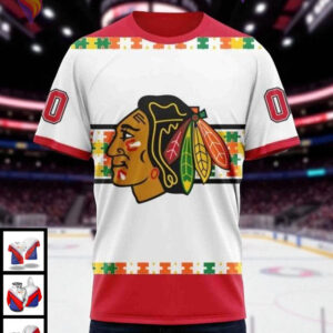 Chicago Blackhawks Hoodie Autism Awareness Custom Name Number NHL 3D Design - 2