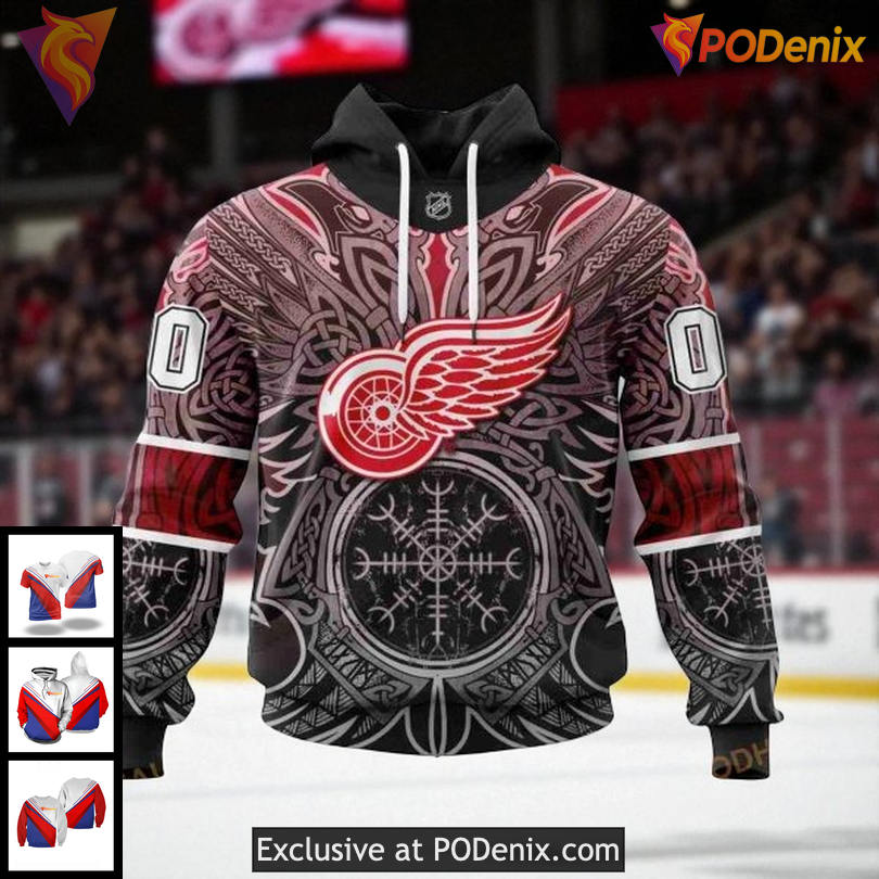 Cool Graphic Red Wings Hoodie 3D, Norse Viking Symbol Custom NHL Apparel