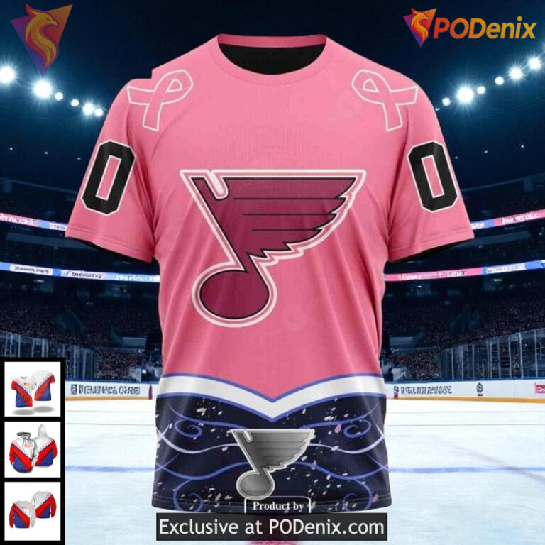 Cool Graphic St Louis Blues Hoodie NHL Fights Cancer Tribute Pink Ribbon 3D - 2