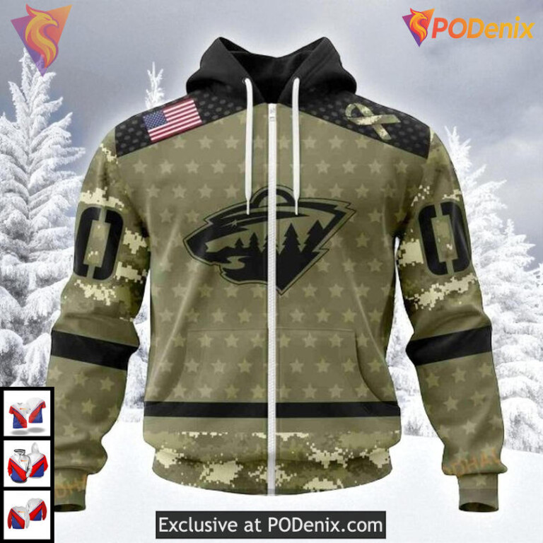 Custom Camo Military Appreciation NHL Minnesota Wild Winter Hoodie 3D - 1