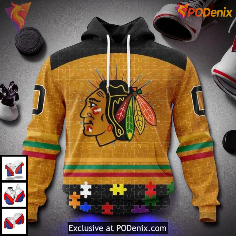 Custom Chicago Blackhawks Hoodie 3D All Over Puzzle Fearless Against Autism