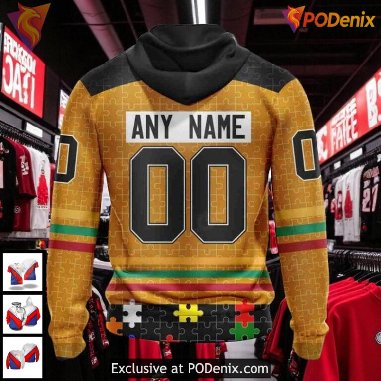 Custom Chicago Blackhawks Hoodie 3D All Over Puzzle Fearless Against Autism - 1