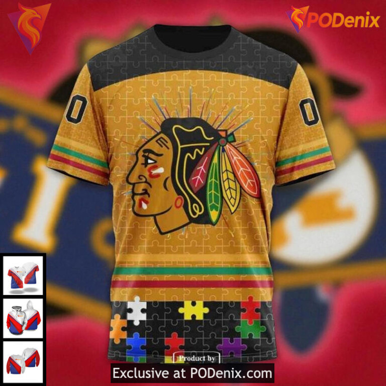 Custom Chicago Blackhawks Hoodie 3D All Over Puzzle Fearless Against Autism - 2