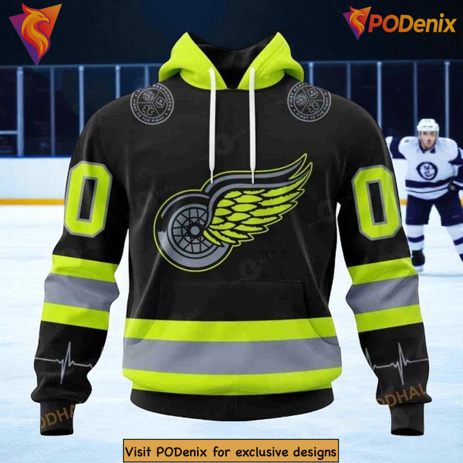 Custom Detroit Red Wings Hoodie 3D, Firefighter Tribute Uniform Inspired Design