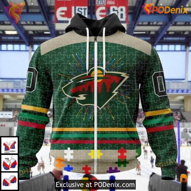 Custom Fearless Against Autism NHL Minnesota Wild Youth Hoodie 3D - 1