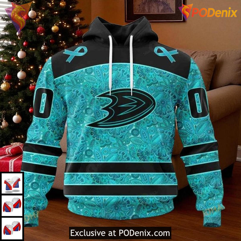 Custom Name Anaheim Ducks Hoodie 3D NHL Awareness Special Teal Ribbon Design
