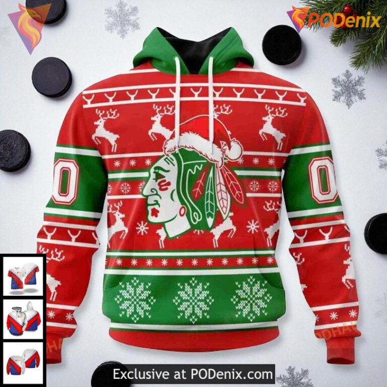 Custom Name Number Blackhawks Hoodie Christmas 3D NHL Chicago Blackhawks Hoodie