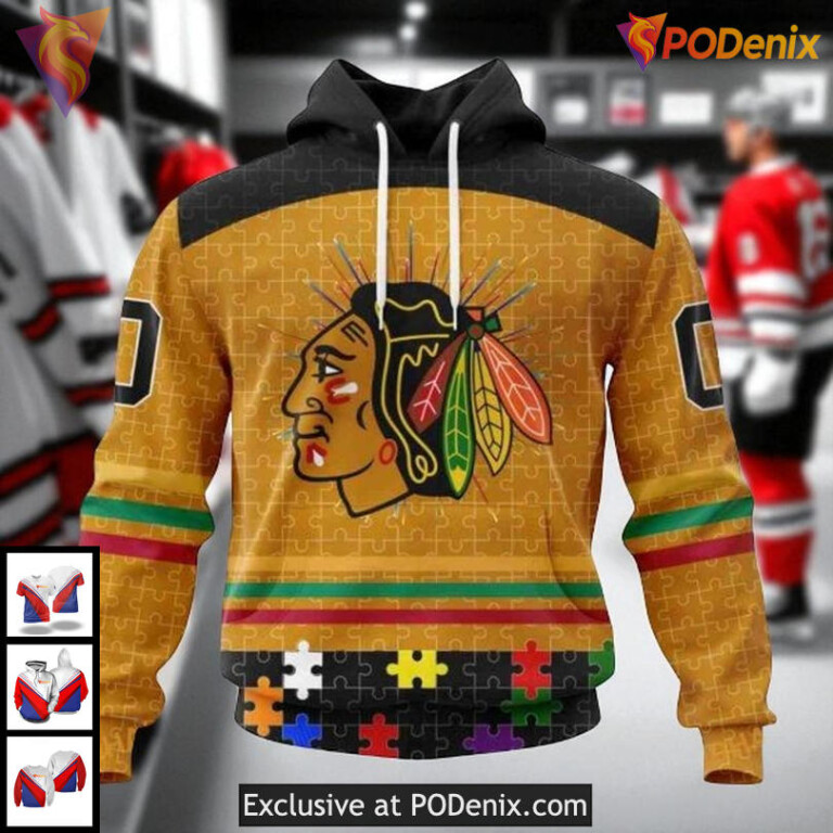 Custom Name Number Blackhawks Hoodie Fearless Against Autism NHL 3D Design