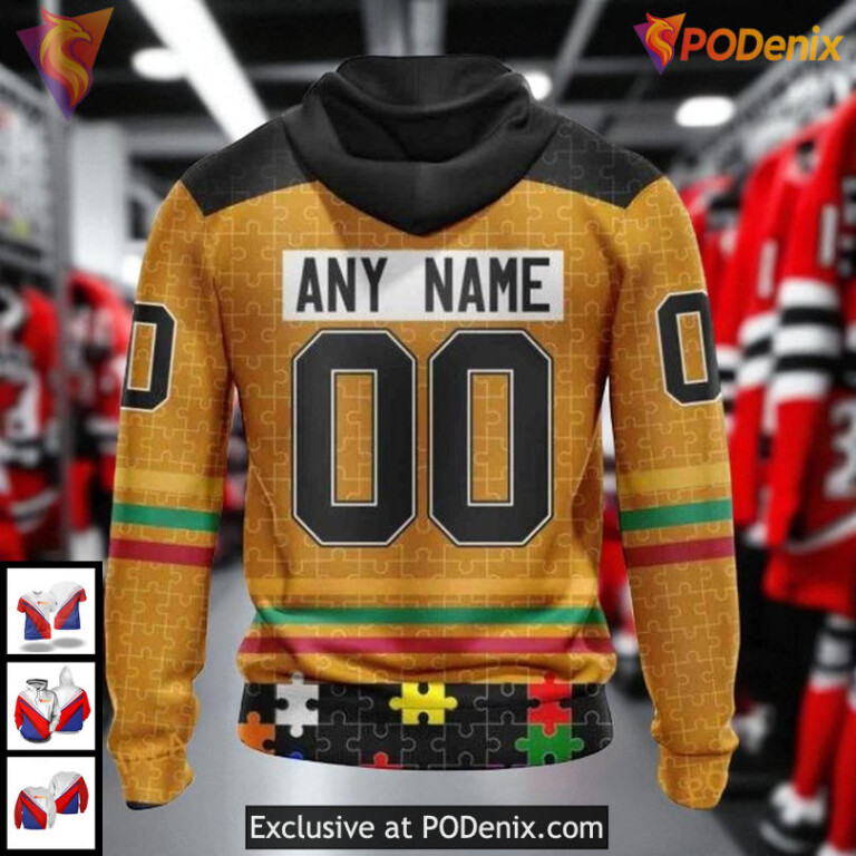 Custom Name Number Blackhawks Hoodie Fearless Against Autism NHL 3D Design - 1