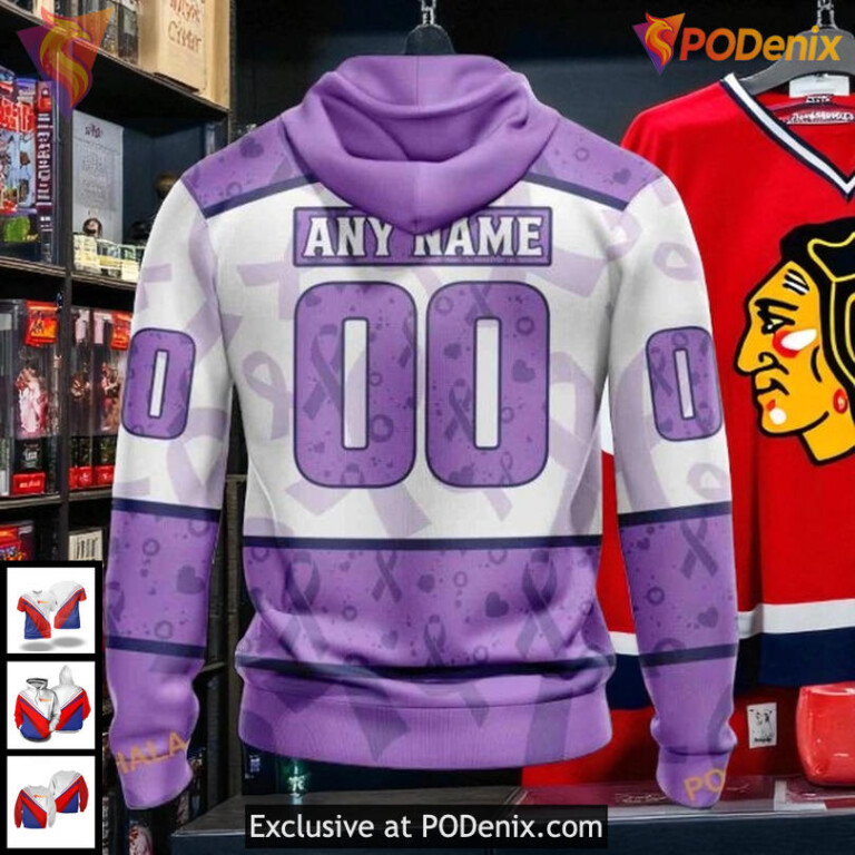 Custom Name Number Blackhawks Hoodie Lavender NHL 3D Fight Cancer Edition - 1